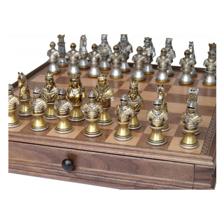 Dal Rossi Italy Chess Set - Medieval Warriors Polyresin Chessmen on Walnut Box, 38cm