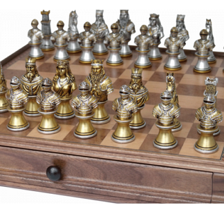 Dal Rossi Italy Chess Set - Medieval Warriors Polyresin Chessmen on Walnut Box, 38cm
