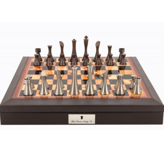 Dal Rossi Italy Chess Set - Brown PU Leather Bevelled Edge with Contemporary Metal Chessmen, 45cm