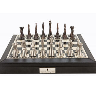 Dal Rossi Italy Chess Set - Brown PU Leather Bevelled Edge with Staunton Metal Chessmen, 45cm