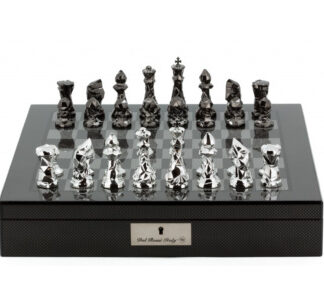 Dal Rossi Italy Chess Set - Carbon Fibre Shiny Finish with Diamond-Cut Titanium & Silver Chessmen, 40cm