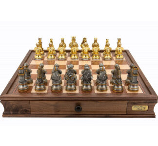 Dal Rossi Italy Chess Set - Medieval Warriors Pewter Chessmen on Chessbox with Drawers, 50cm