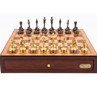 Dal Rossi Italy Chess Set - Staunton Brass Titanium Cap Chessmen on Red Mahogany Box, 45cm