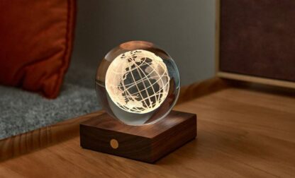 Gingko 3D Laser Engraved LED Light, Walnut World Globe - Image 4