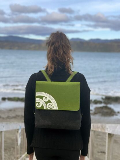 Jo Luping Design Ecofelt Backpack: Koru White On Green Dark Grey - Image 2