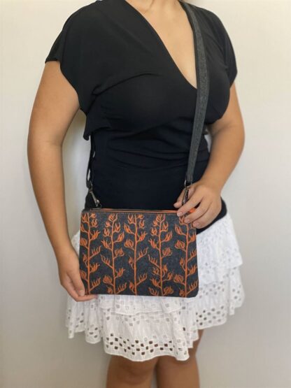 Jo Luping Design Ecofelt Cross Body Bag: Orange Harakeke On Grey - Image 3
