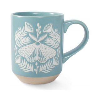 Fringe Stoneware Mug, White Moth on Blue