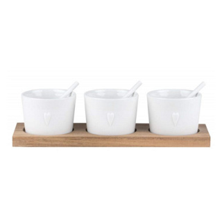 Räder Porcelain Bowls on Acacia Wood Tray, Trio of Hearts