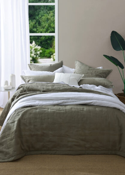 Laundered Linen Bedspread Set, Olive