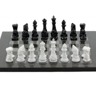 Dal Rossi Italy Chess Set - Diamond-Cut Black & White 85mm Chessmen on a Carbon Fibre Shiny Finish Chess Board, 40cm